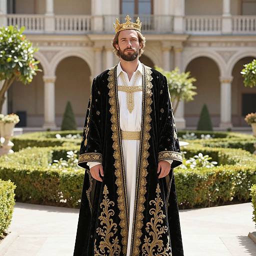 Regal Man in Ornate Gold-Embroidered Black Robe and Crown