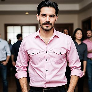 Confident Man in Pink Shirt with Casual Group