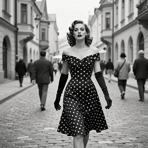 Vintage Style Woman in Polka Dot Dress Walking on Cobblestone Street