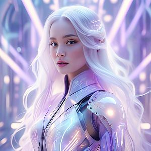 Futuristic Woman with Silver Hair in Metallic Suit