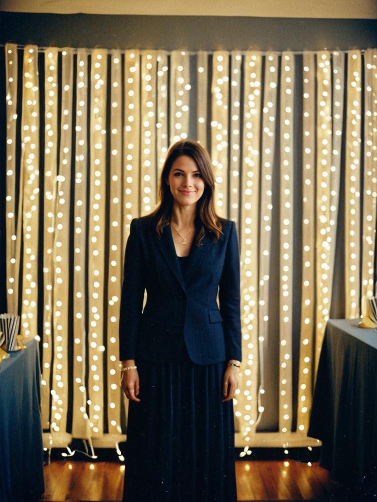 Professional Woman in Black Suit with Festive Fairy Lights Background