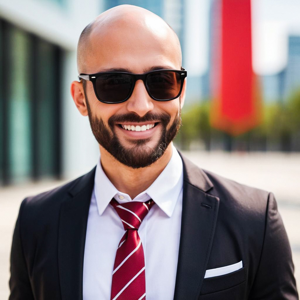 Confident Bald Man in Suit with Sunglasses