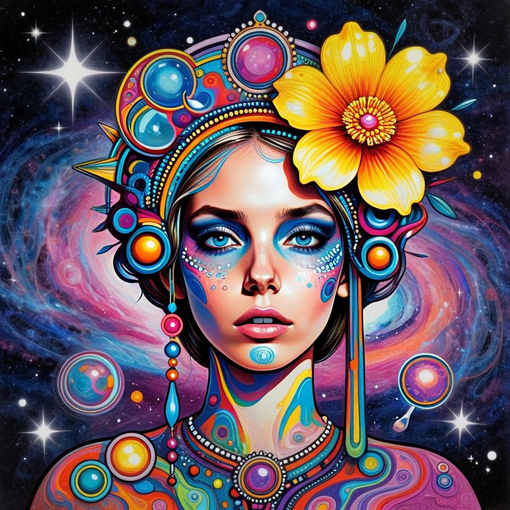 Cosmic Woman with Psychedelic Headdress and Galaxy Background Digital Artwork
