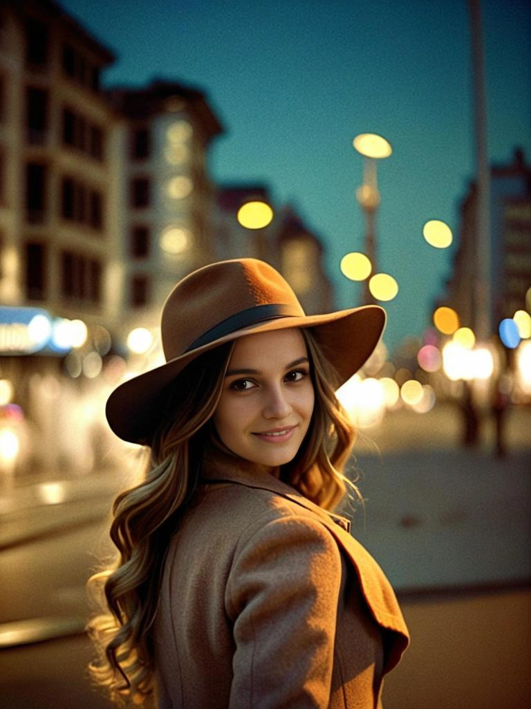 Stylish Young Woman in Fashionable Coat and Hat on City Street