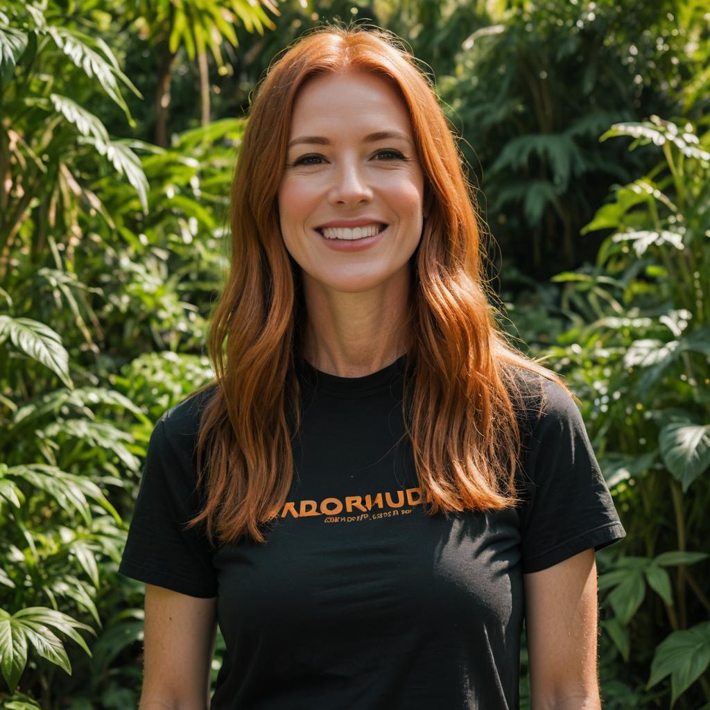 Smiling Red-Haired Woman in Black T-Shirt Among Tropical Greenery