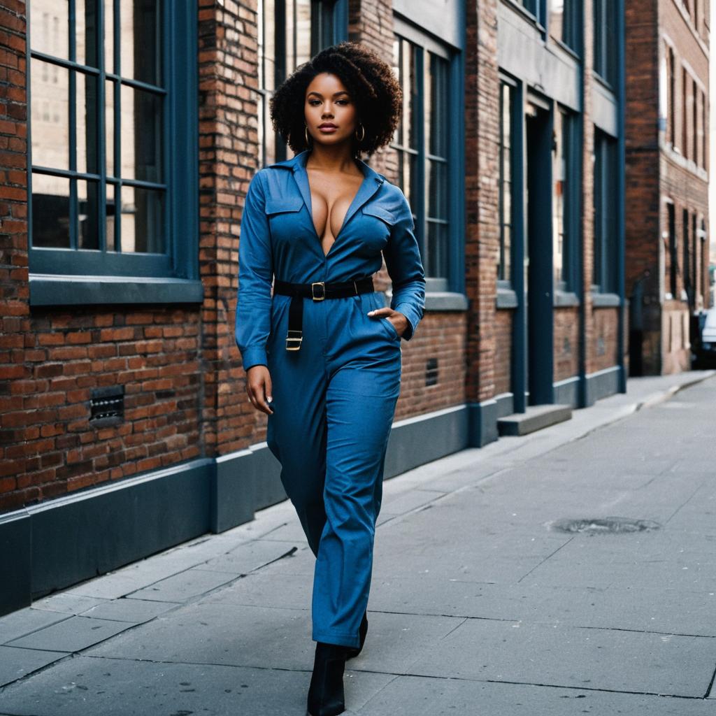 Confident Woman in Blue Jumpsuit Walking on Urban Street