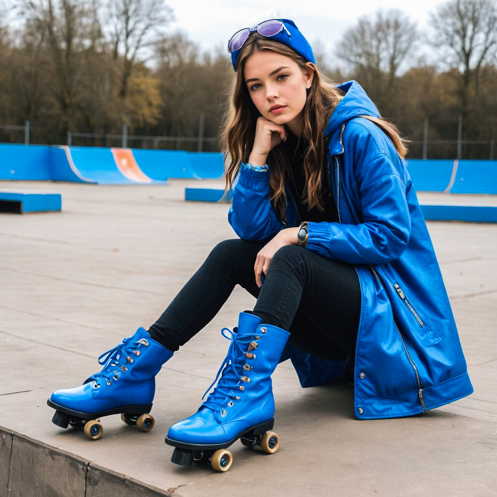 Stylish Young Woman in Blue Outfit at Skate Park