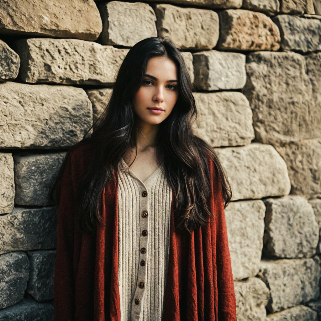 Young Woman in Cozy Sweater Against Stone Wall