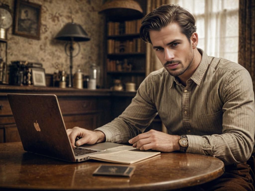 Man Working on Laptop in Vintage Study Room