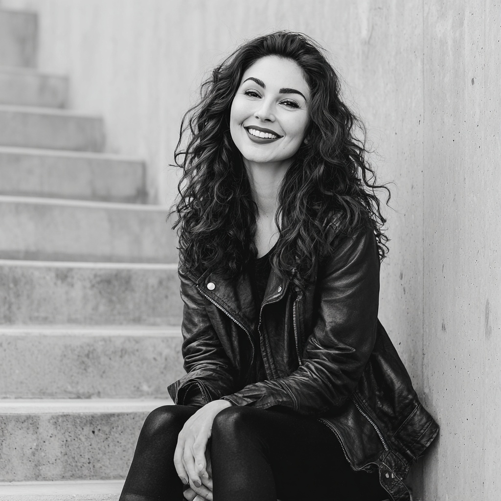 Woman with curly hair in leather jacket on stairs