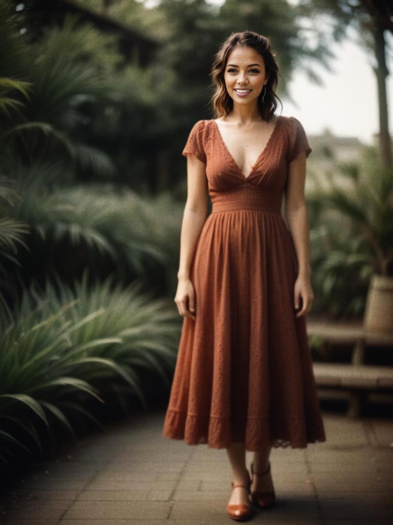 Woman in Rust Dress Among Lush Greenery