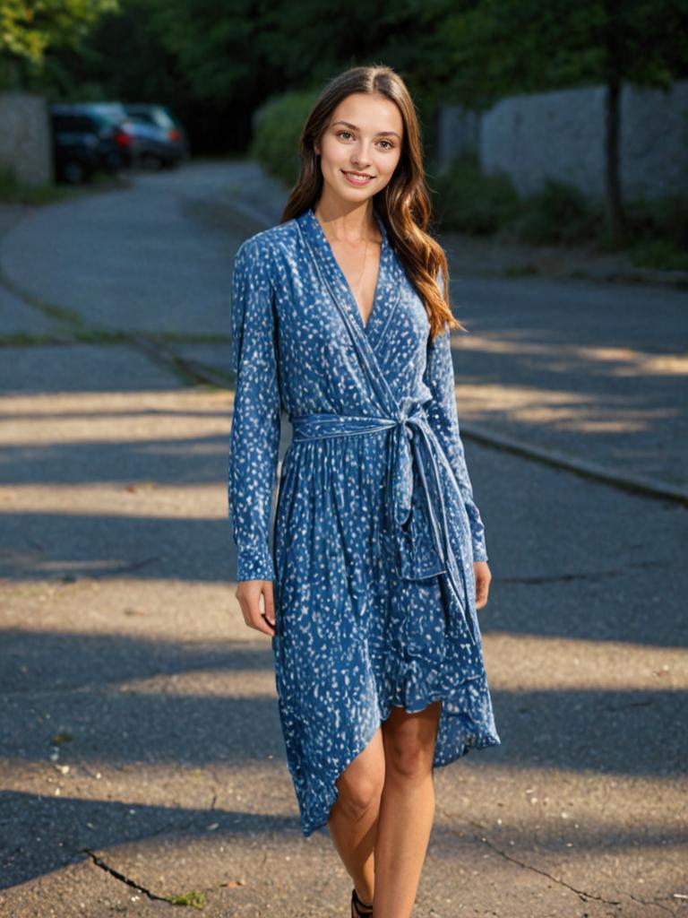 Woman in Stylish Blue Patterned Dress on Tree-Lined Street