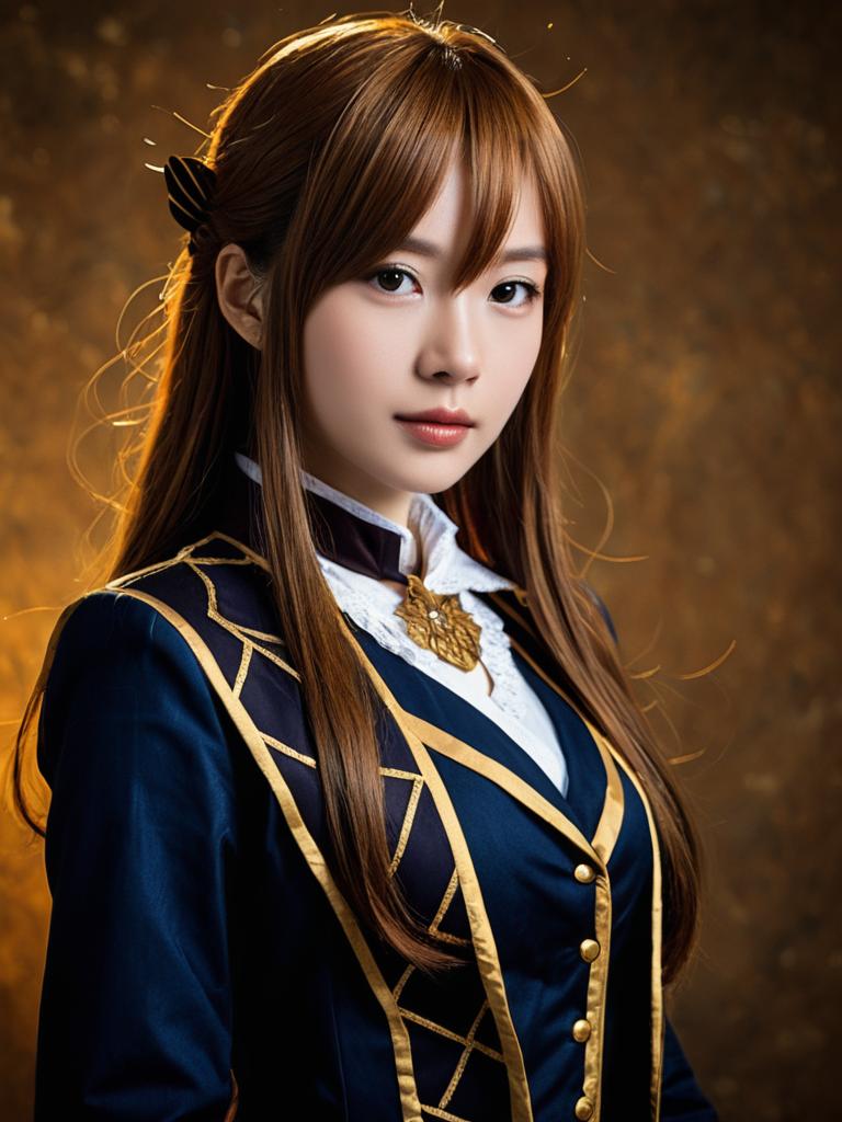 Realistic Makino Cosplay Woman Character in Navy and Gold Costume