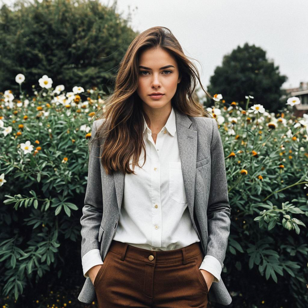 Confident Woman in Stylish Blazer in Lush Garden