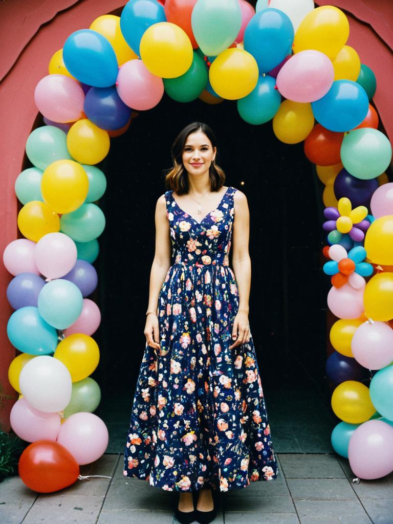 Woman in Floral Dress Standing Under Colorful Balloon Arch
