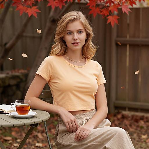 Young Woman Relaxing with Tea in Autumn Outdoor Setting