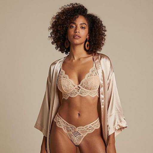 Confident Woman Wearing Nude Lace Lingerie and Satin Robe