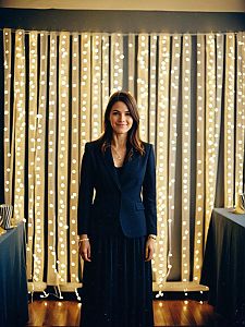 Professional Woman in Black Suit with Festive Fairy Lights Background