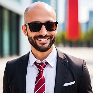 Confident Bald Man in Suit with Sunglasses