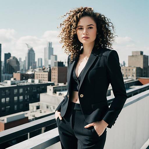Confident Woman in Black Suit on City Rooftop with Urban Skyline