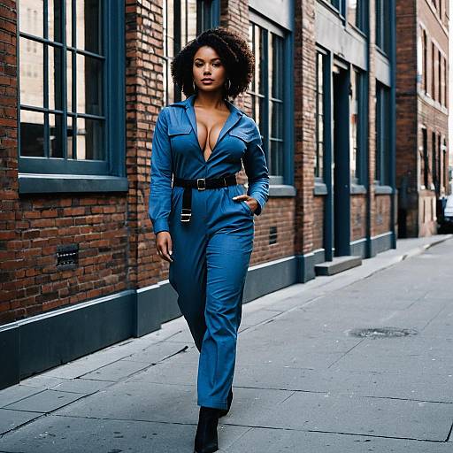 Confident Woman in Blue Jumpsuit Walking on Urban Street