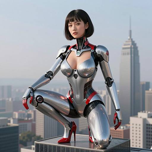 Cybersecurity Female Android Squatting on Skyscraper in Futuristic City
