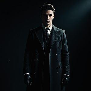 Young Man in Elegant Black Overcoat with Leather Gloves in Cinematic Portrait