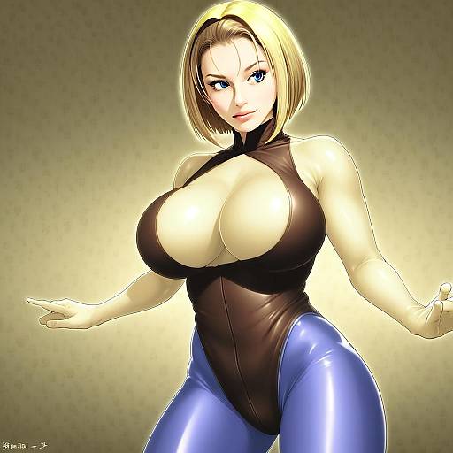 Anime Style Woman in Glossy Bodysuit and Blue Pants Illustration
