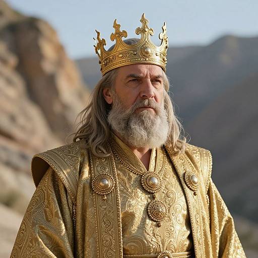 Regal Elderly Man Wearing Golden Crown and Robe in Medieval Style