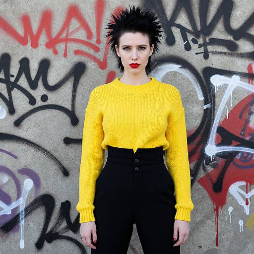 Edgy Woman in Yellow Sweater and High-Waisted Pants with Graffiti Background