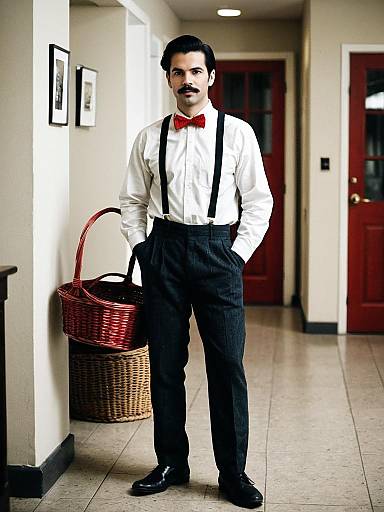 Vintage Costume Man with Mustache and Red Bowtie in Hallway
