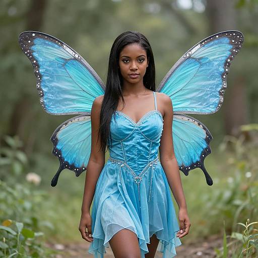 Young Woman in Blue Dress with Large Butterfly Wings Outdoors