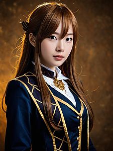 Realistic Makino Cosplay Woman Character in Navy and Gold Costume