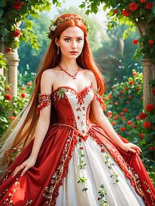 Woman in Renaissance Gown in Lush Garden