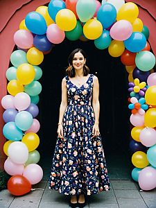 Woman in Floral Dress Standing Under Colorful Balloon Arch