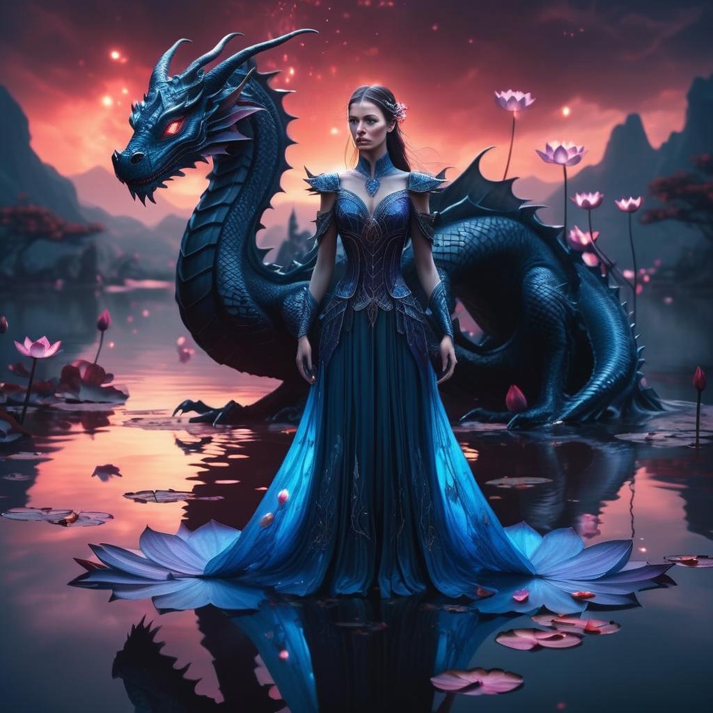 Fantasy Woman in Blue Gown with Dragon at Sunset on Lotus Pond