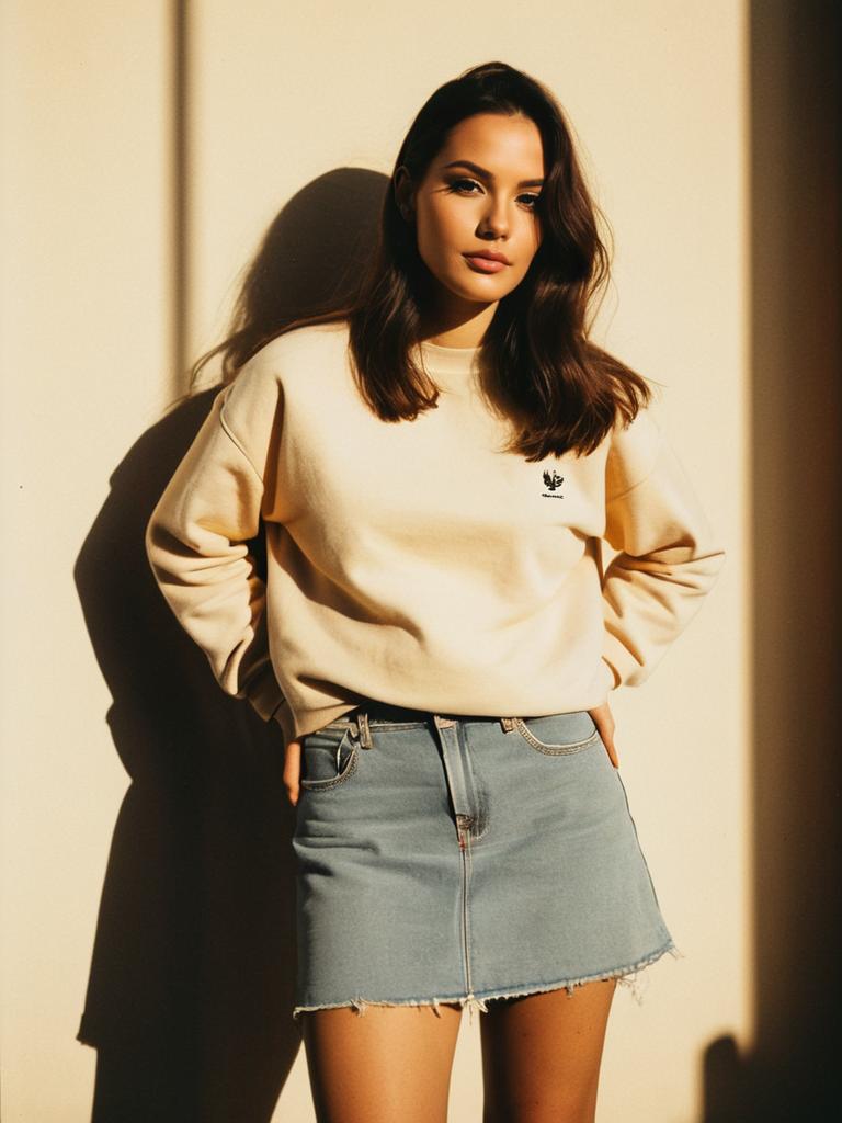 Woman in Pastel Pink Crewneck Sweatshirt with Denim Mini Skirt Casual Streetwear