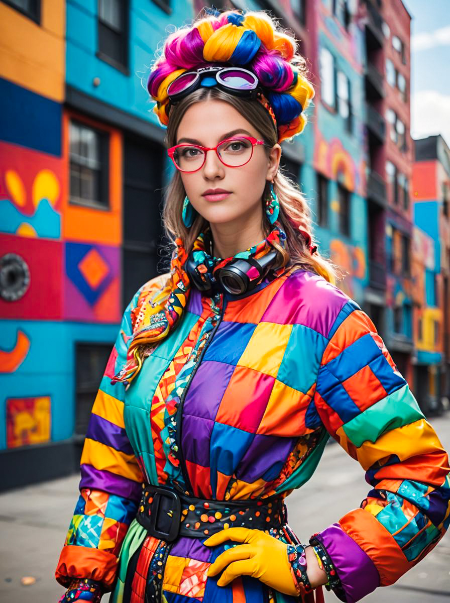 Vibrant Fashion Portrait of Stylish Woman in Colorful Jacket