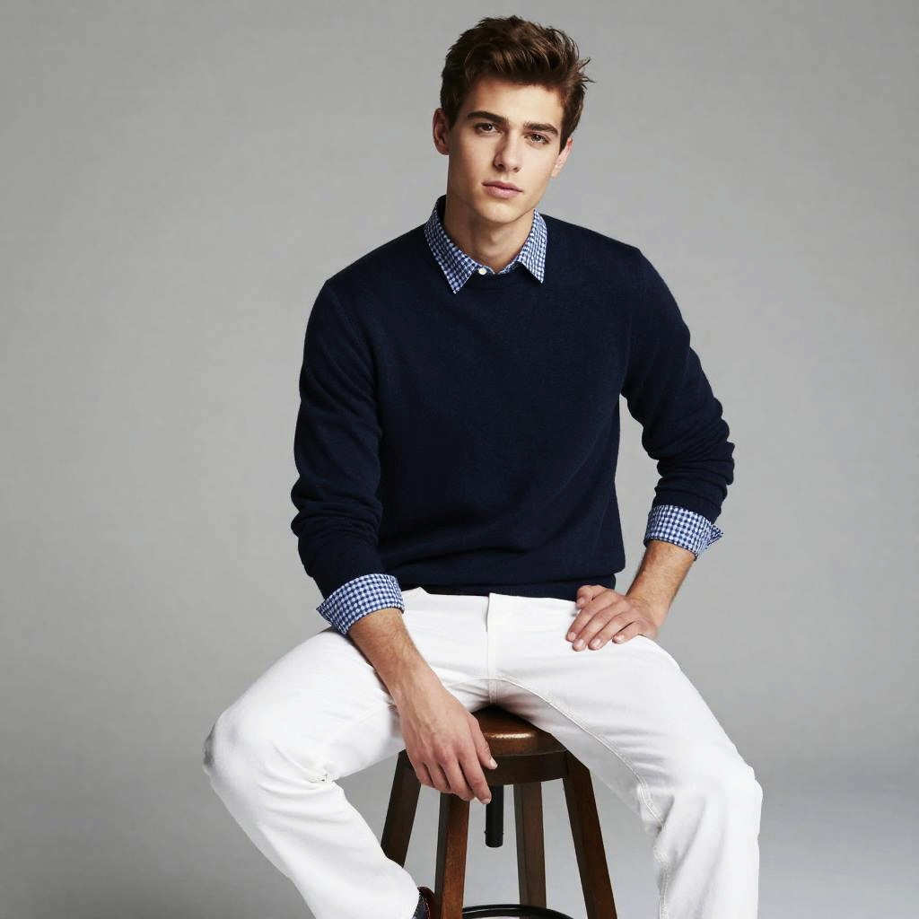 Gen Z Stylish Young Man in Navy Sweater and White Pants Sitting on Stool