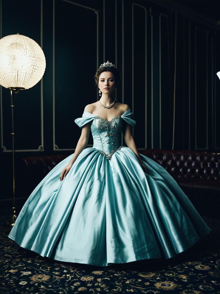 Woman in Mini Ball Gown Cinematic Realism Luxurious Editorial Photo