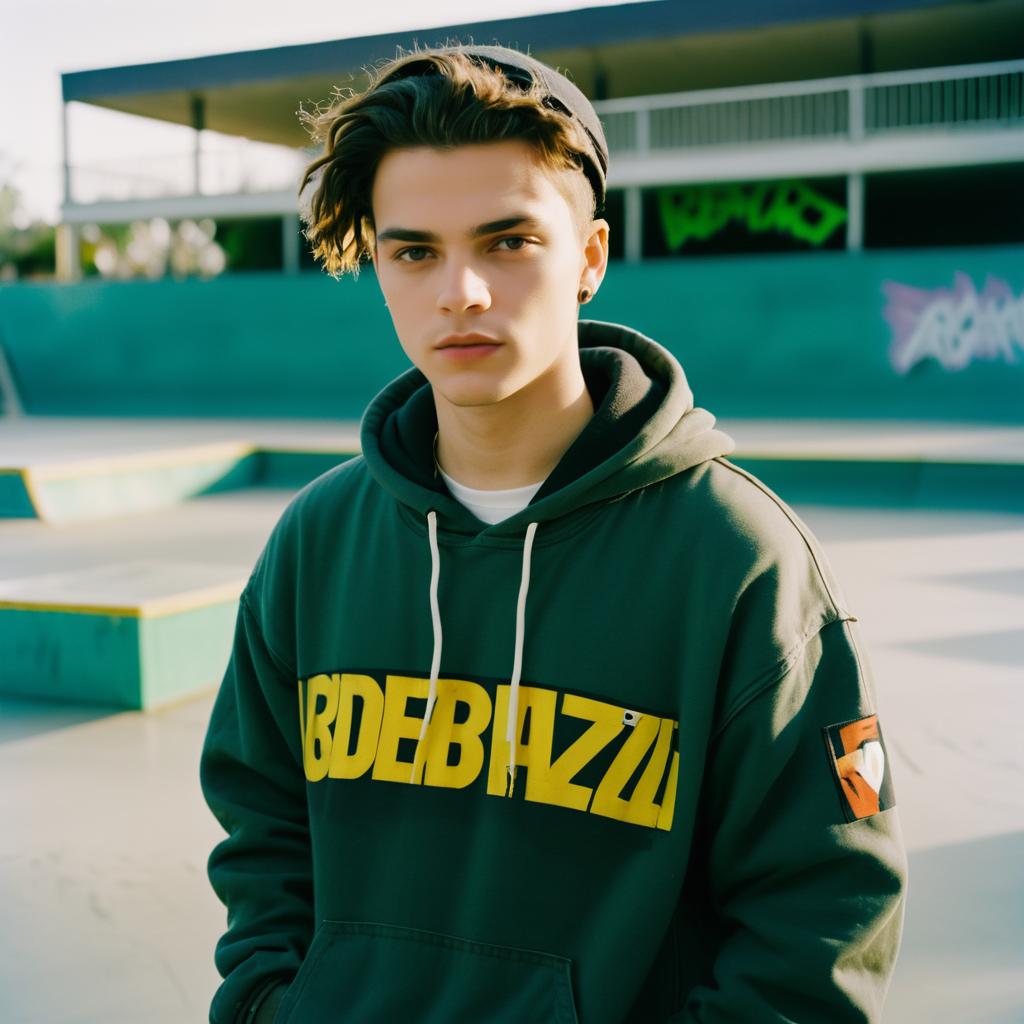 Young Man in Green Hoodie at Skatepark