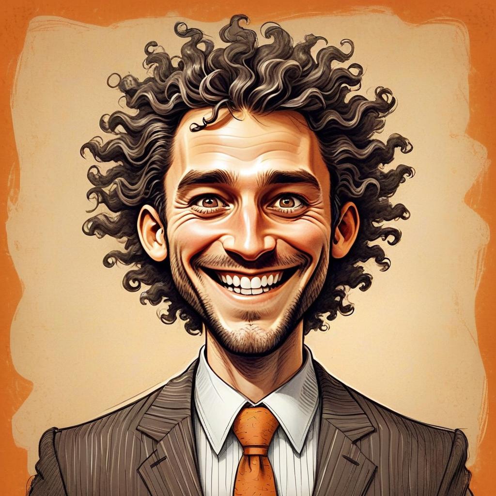 Caricature Portrait of Smiling Man with Curly Hair in Pinstripe Suit