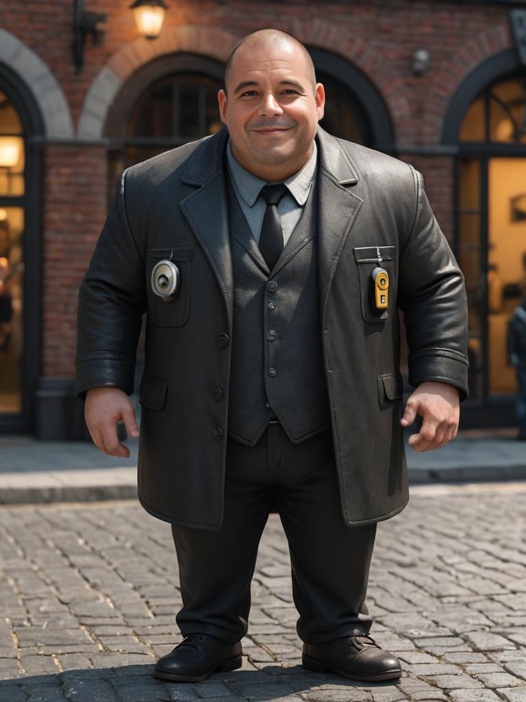 Confident Man in Dark Coat Against Brick Architecture