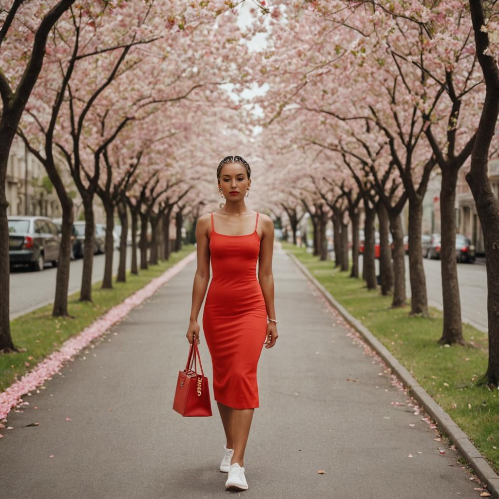 Elegant Woman in Red Dress under Cherry Blossoms