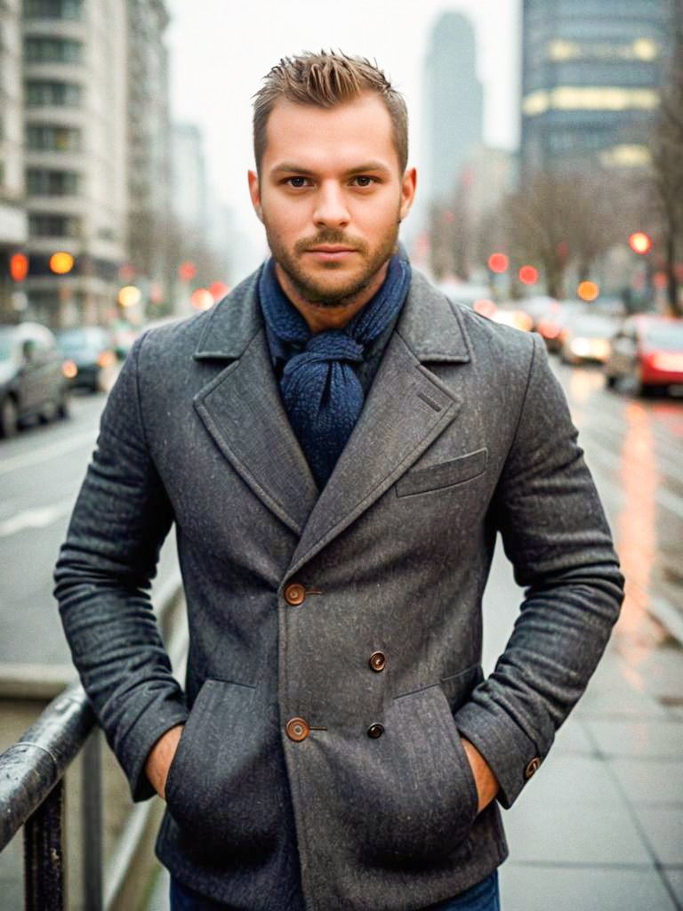 Stylish man in grey coat on city street