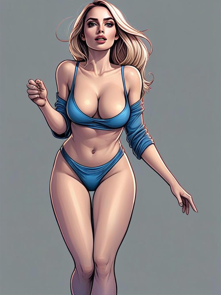 Realistic Comic Style Illustration of Woman in Blue Bikini