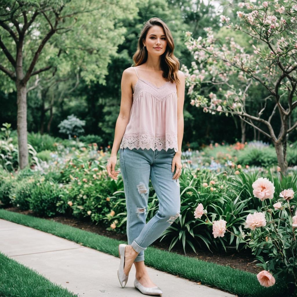 Young Woman in Pink Lace Camisole and Ripped Jeans in Garden