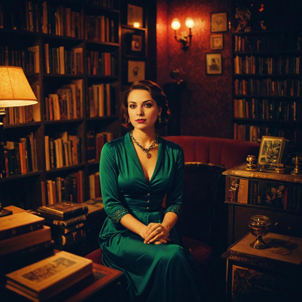 Elegant Woman in Green Dress in Vintage Library