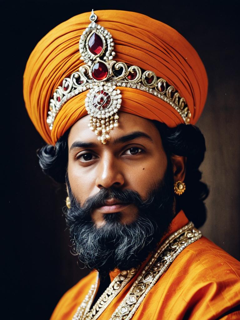 Man in Detailed Shivaji Maharaj Fancy Dress Costume Close Up Headshot