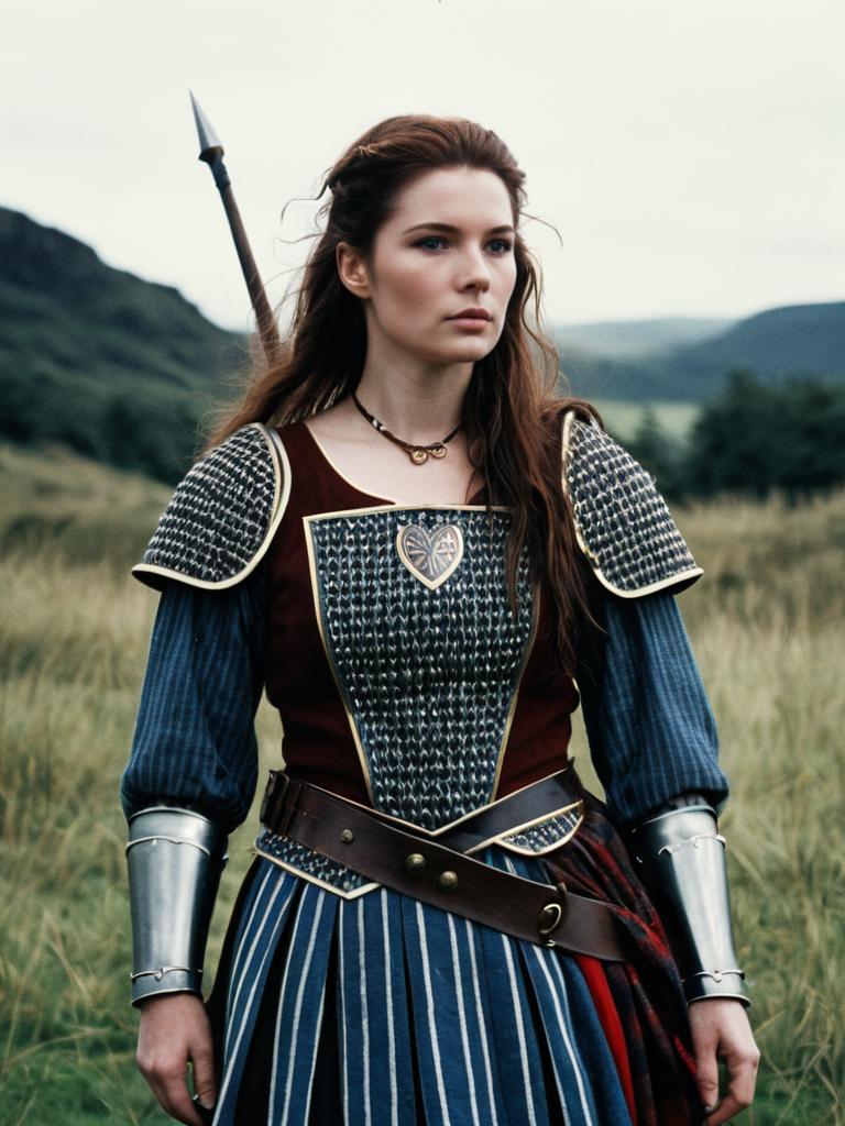 Woman in Braveheart Inspired Medieval Costume with Spear Outdoor